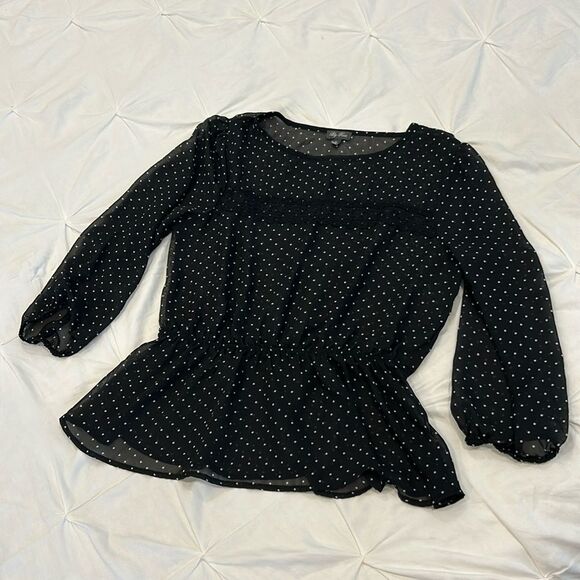 Lily Rose Women's Black & White Polka Dot Crew Neck Long Sleeves Peplum Blouse M - Picture 1 of 9